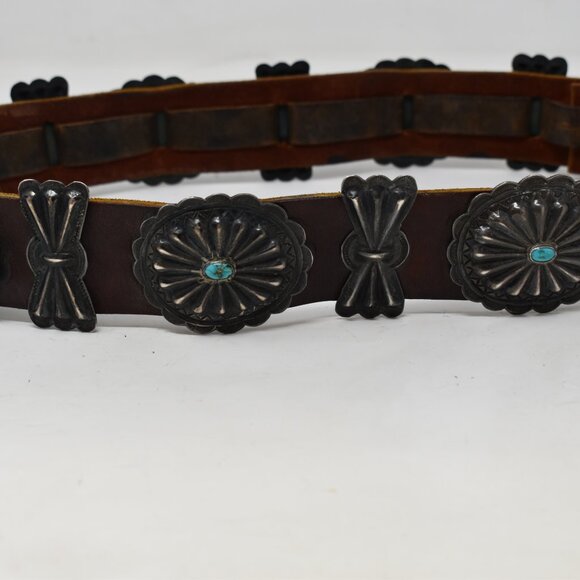 VINTAGE NAVAJO OLD PAWN 1ST PHASE COIN SILVER NAT TURQUOISE CONCHO BELT 1930-50 - Picture 2 of 15
